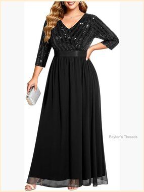 Plus Size Sequin Formal Dress with 3/4 Sleeves Maxi Evening Gown